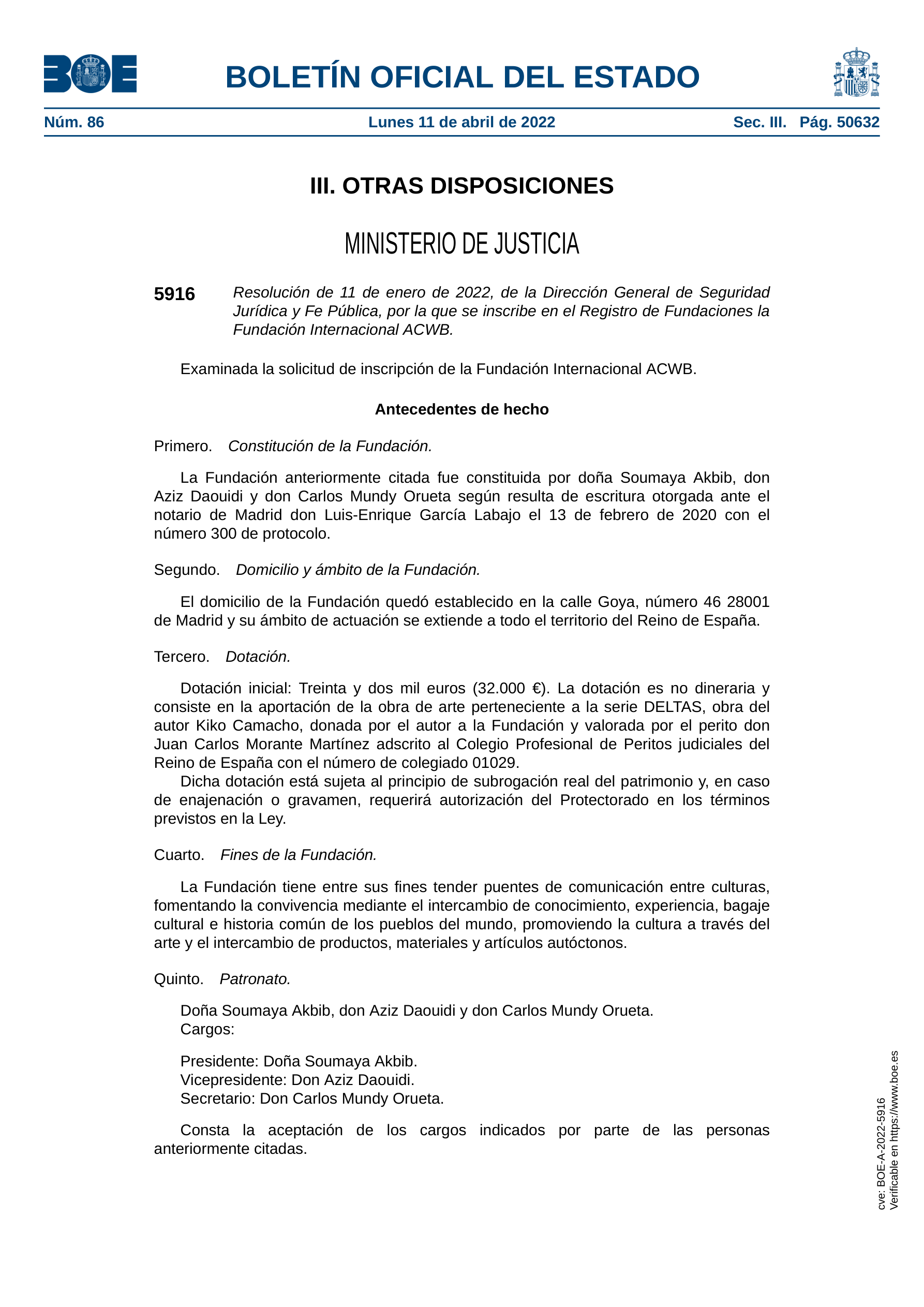 Página original del BOE número 86, 11 de abril de 2022, página 50632