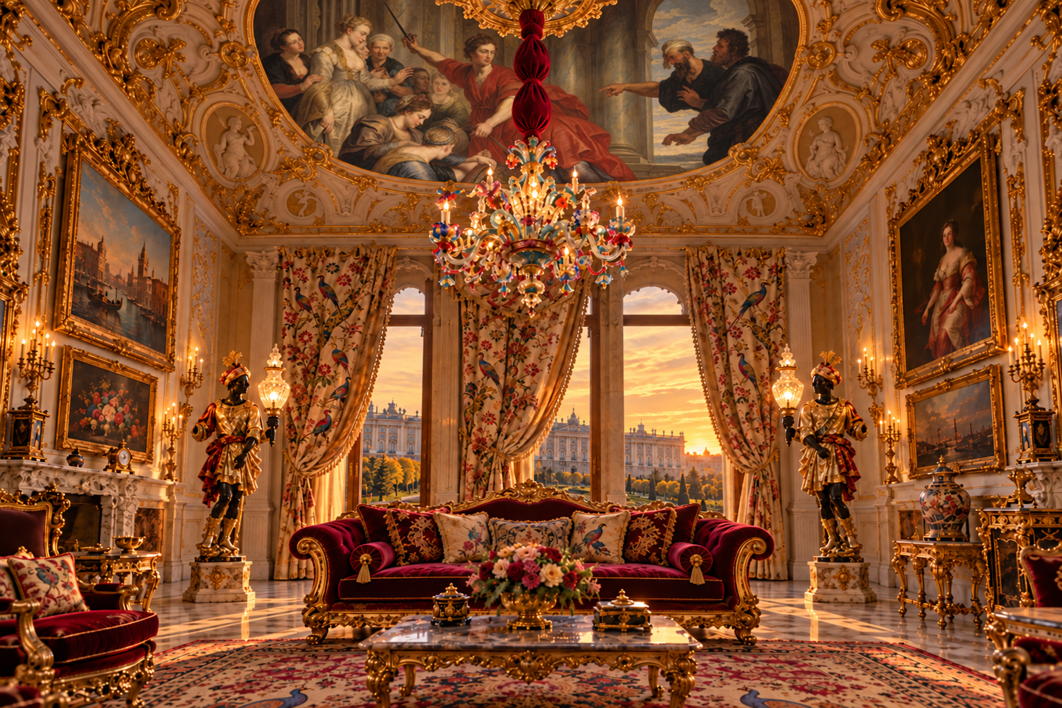 Salón barroco aprobado: fresco de Aquiles, vistas al Palacio Real de Madrid y lámpara con manga abullonada de terciopelo rojo